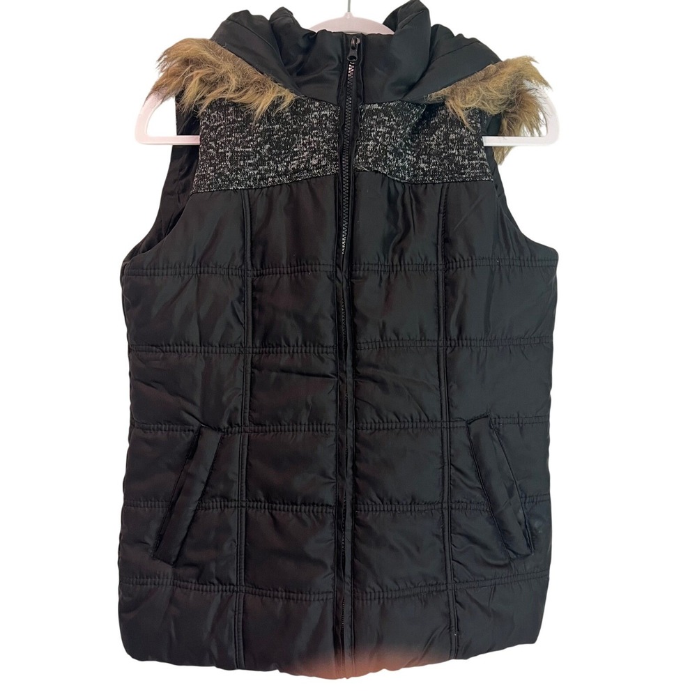 Miss London Black Label Size M Hooded Quilted Puffer Vest Faux Fur Trim Zip